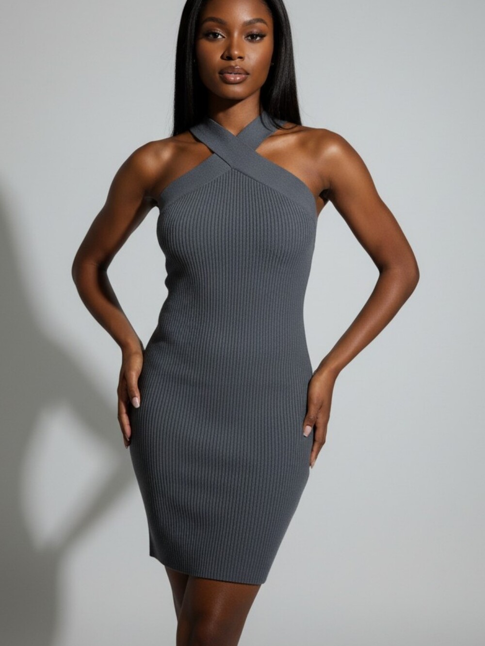 NWT Babaton Sculpt Knit Cross Strap Halter Dress | XS Grey Midi Bodycon